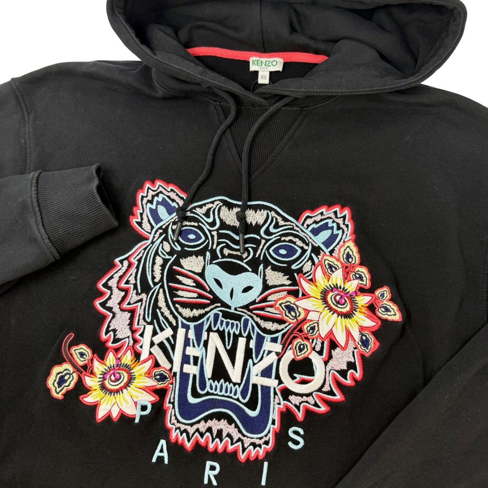 Kenzo Paris Mens XS Black Embroidered Tiger Floral Hoodie Sweatshirt F965SW4144